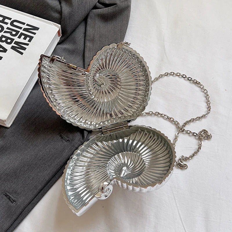 Chic Conch Crossbody Bag High Quality PVC Champagne Handbag Summer Lipstick Bag Silver Shell Shoulder Purse 240826
