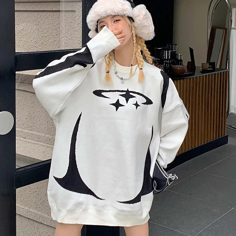 hiphop streetwear Y2K autumn and winter round neck couple sweater oversized knitted mens top womens clothing 240826