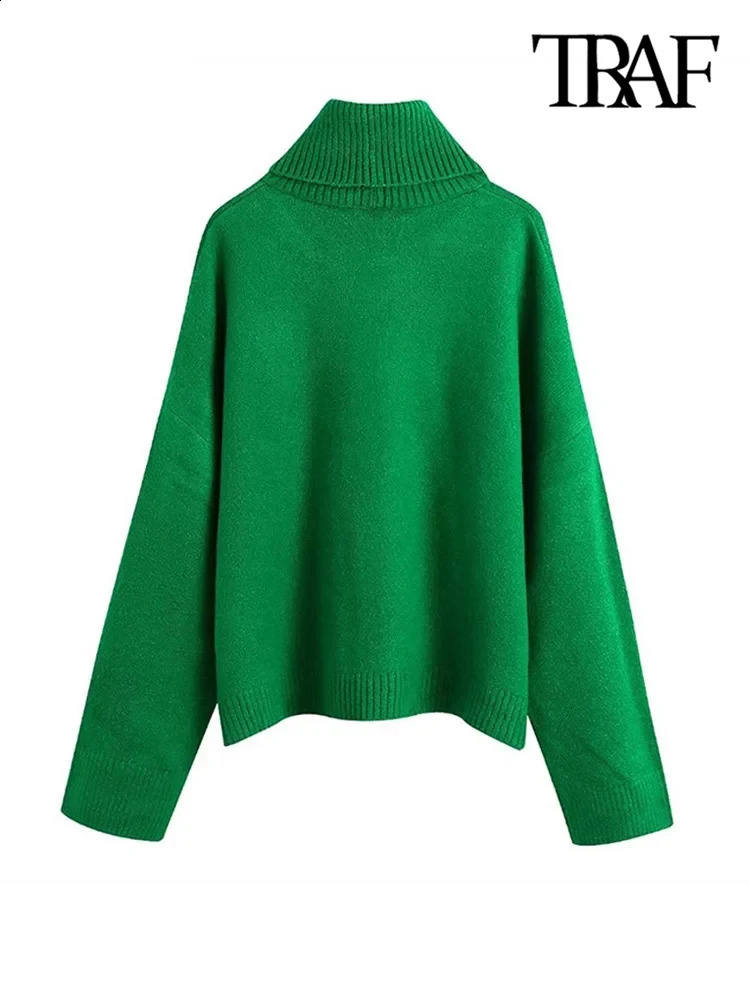 TRAF Womens Fashion Ribbed Decoration Loose Knitted Sweater Retro High Collar Long Sleeve Zipper Fashionable Top