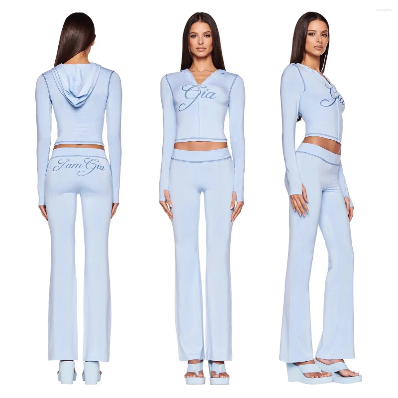 Women's Two Piece Pants Iamgia Slim Fit Letter Print Thin Stretch Hooded Zipper Short Jacket Set