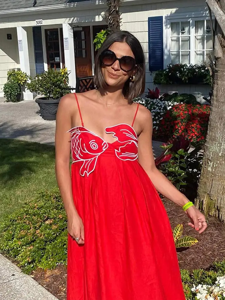 Summer Chic Red Fish Top Party Maxi Dress For Women Sexy Sling High Waist Ceremony Robe 2024 Holiday Lady Street Vestidos 240815