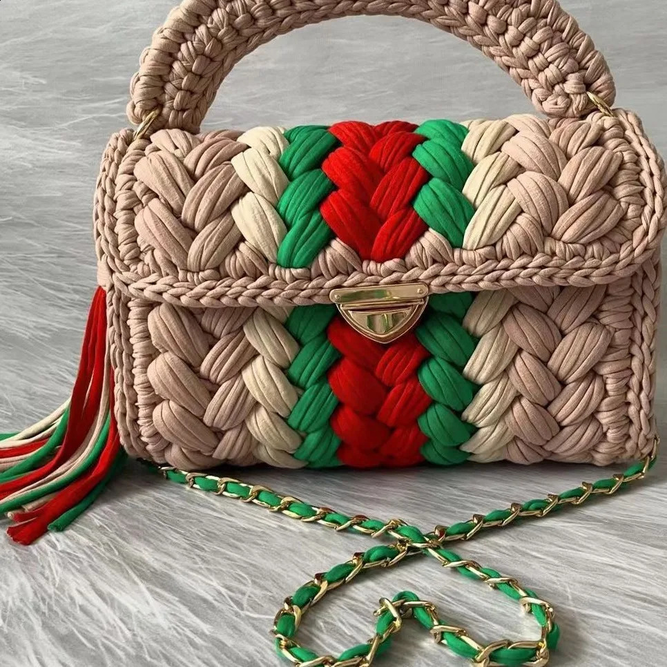 3 Womens Purses Fabric Woven Summer Bright Color Splicing Chain Tassel Pure Handmade Crochet Bag er Handbag 240826 4