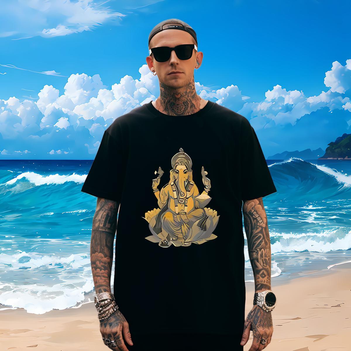 Cool T Shirts Men 230g Cotton Ganesha Outdoor Custom Big Size Short Sleeve O-Neck Men Tshirts Classic Casual Tops