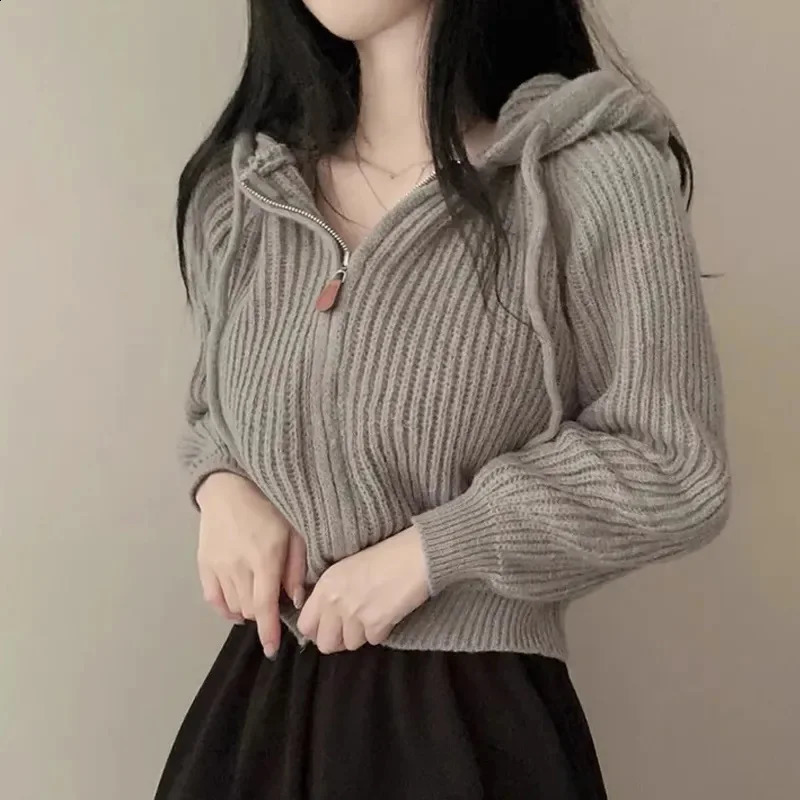 Womens long sleeved sweater Korean casual jacket fashionable zipper cardigan Knitted top hooded 240826