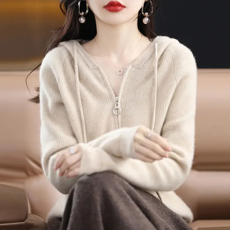 Fashion Woman Blouses Knitted Hooded Long Sleeve Vintage Casual All-match Solid Color Zipper Sweaters Cardigan 240824