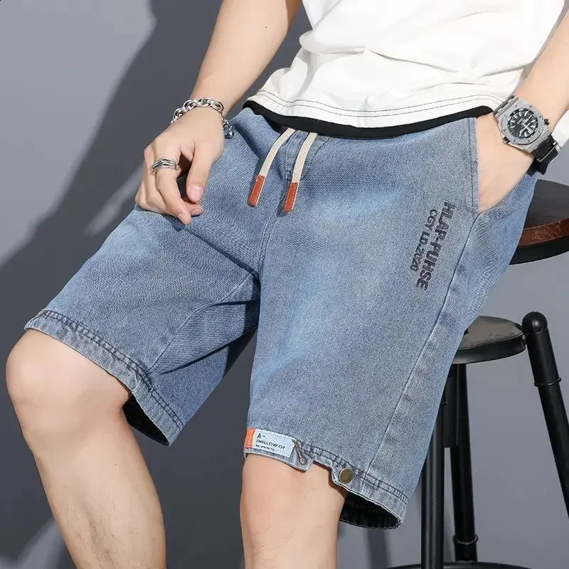 Male Denim Shorts Drawstring Graphic With Text Xl Mens Short Jeans Pants Trend 2024 Korean Style Cowboy Jorts Sale Cut 240824