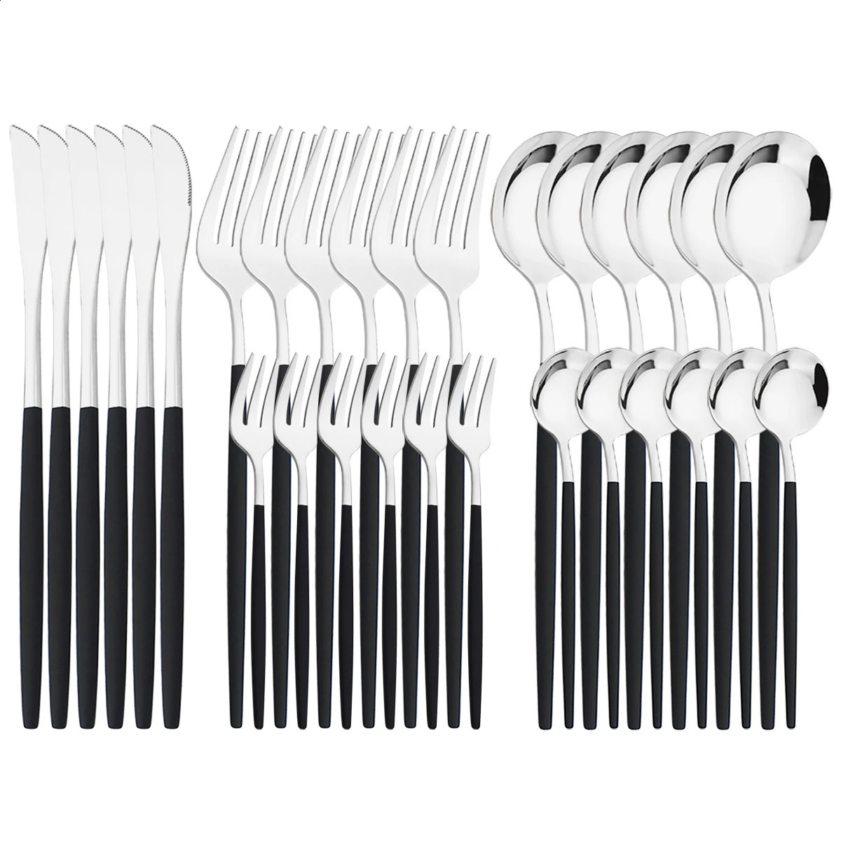 30 piece black silver cutlery set with knives fruit forks cake tea spoons napkins stainless steel party kitchen tools 240827