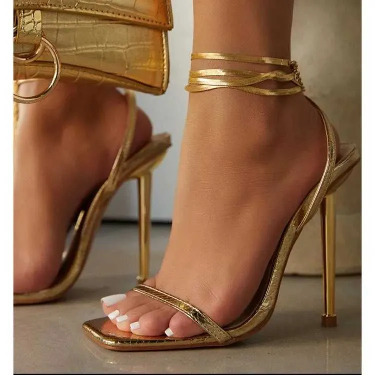 Sandals 2044 Womens High Heels Sexy Gold Padlock High Heel Sandals Thin Single Strap Metal Thin Y240612RIMV