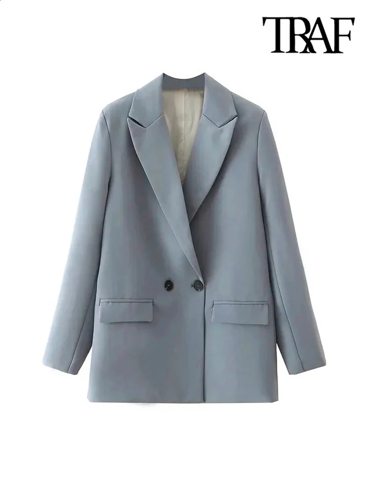 TRAF Women Chic Office Lady Double Breasted Blazer Vintage Coat Fashion Notched Collar Long Sleeve Ladies Outerwear Stylish Tops 240826
