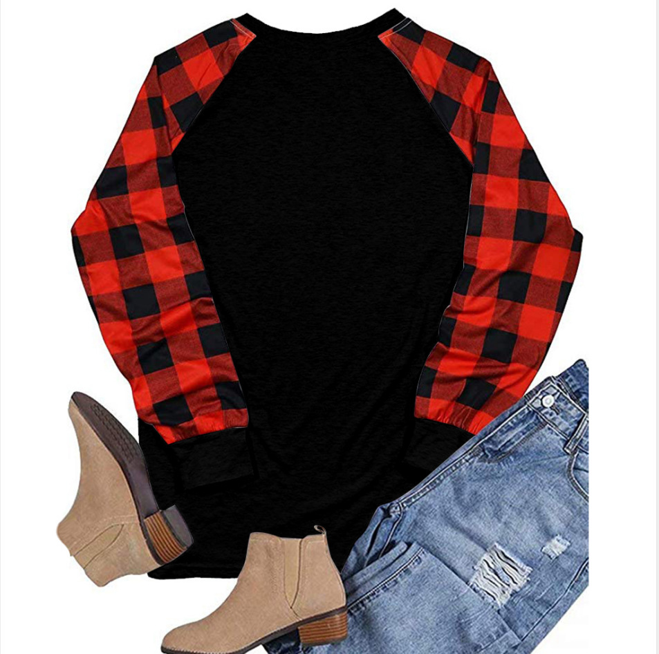 new autumn women's plaid shoulder long sleeved Christmas tree printed letter T-shirt top dongdumaoyi