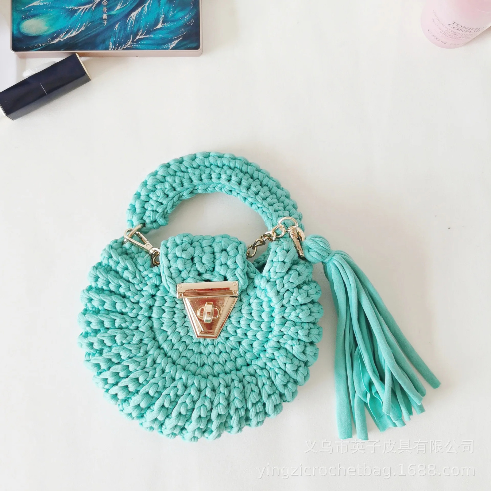Womens Solid Color Fabric Crochet Bag Selg Circular Tassel Shoulder Diagonal Crossbags for Women er Handbag 240826 4