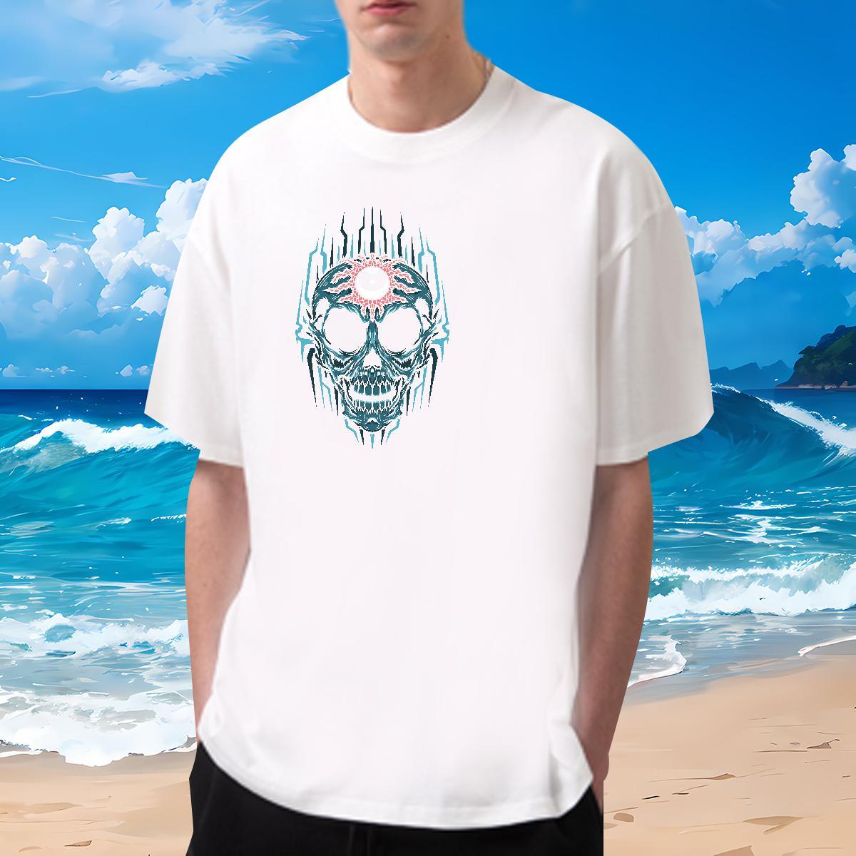 Loose Fit Mens T Shirts 230g Cotton skull Casual Beach Black Oversized Short Sleeve O-Neck Men Tshirts 2024 Top Tees
