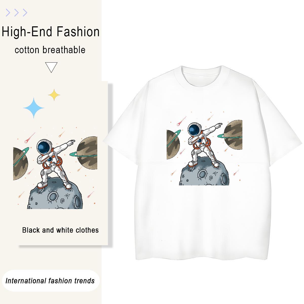Loose Couples T Shirts 230g 100% Cotton cosmonaut Summer Casual T Shirts Women O-Neck Short Sleeve DIY Anime Printed Top Tees