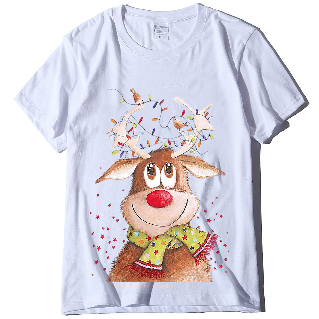 New Short sleeved Women's Top Christmas Elk Printed T-shirt Loose dongdumaoyi
