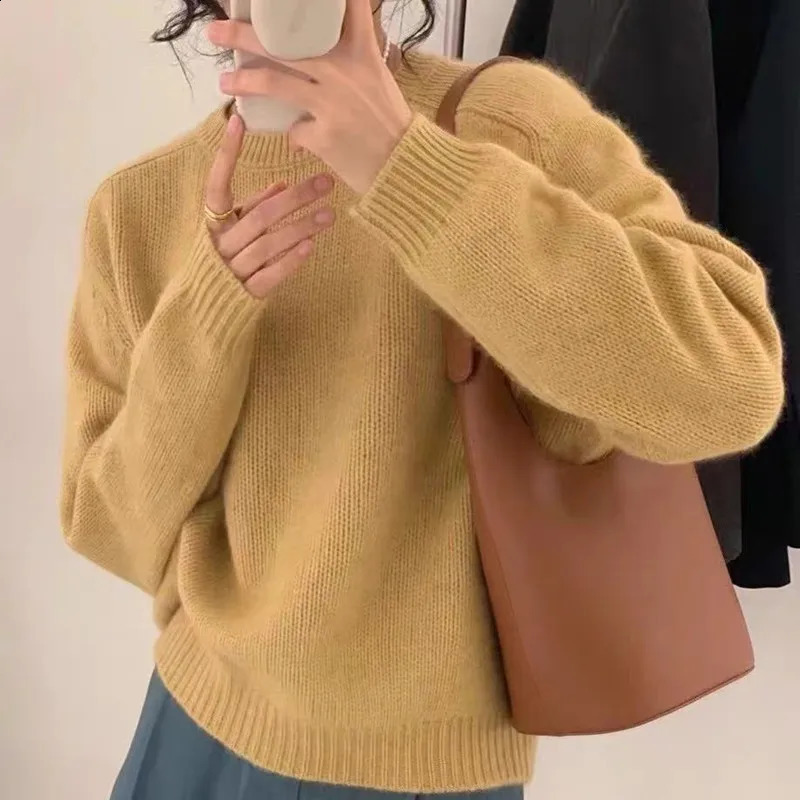 Autumn/Winter Round Neck Cashmere Sweater Womens Loose Korean 100% Pure Wool Knit Pullover Large Clothing For Female 240824