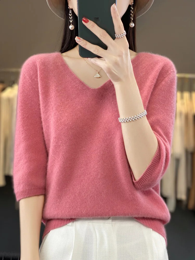 Aliselect short sleeved womens knitted sweater 100% pure Merino wool cashmere spring fashion Vneck top with floral clothing 240826