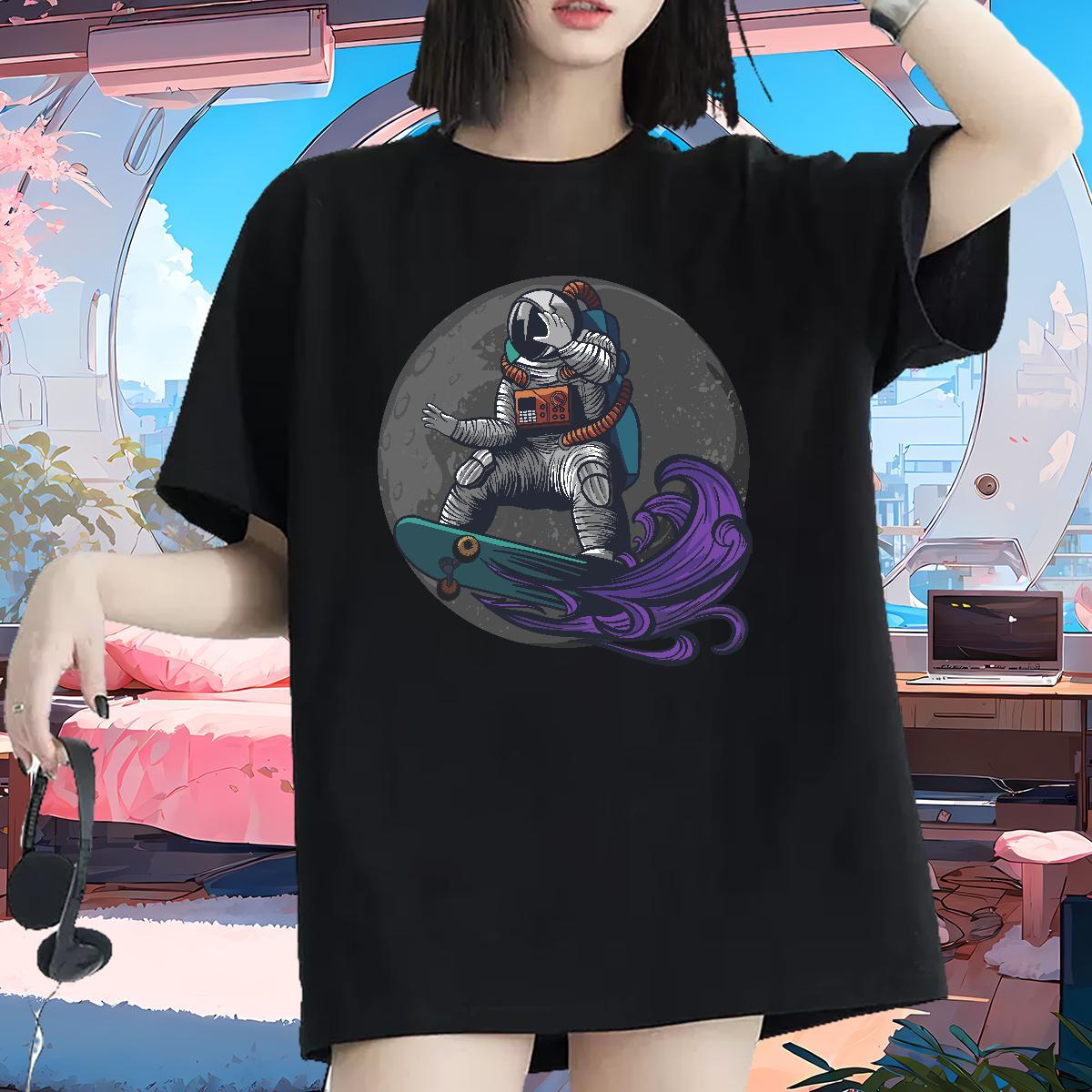 Lady Couples T Shirts 230g Cotton cosmonaut Casual T shirt Crew Neck Breathable Black White Wear