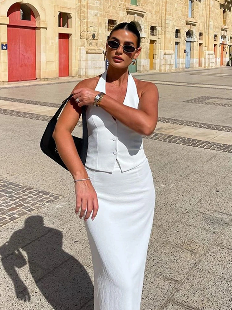 Halter Tank Top Skirt Set Women 2 Piece Single Breasted Backless Bandage Vest Split Long Skirt Matching Sets Office Lady Outfit 240826