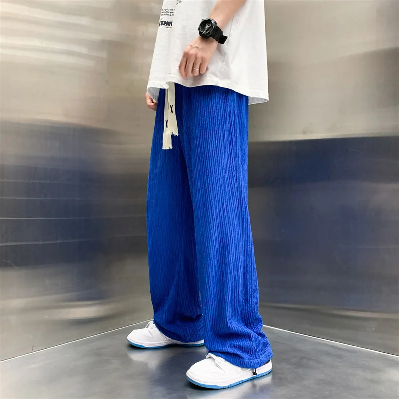 Summer Ice Silk Pants Men Fashion Oversized Wide Leg Pants Men Japanese Streetwear Hip Hop Loose Pleated Pants Mens Trousers 240826