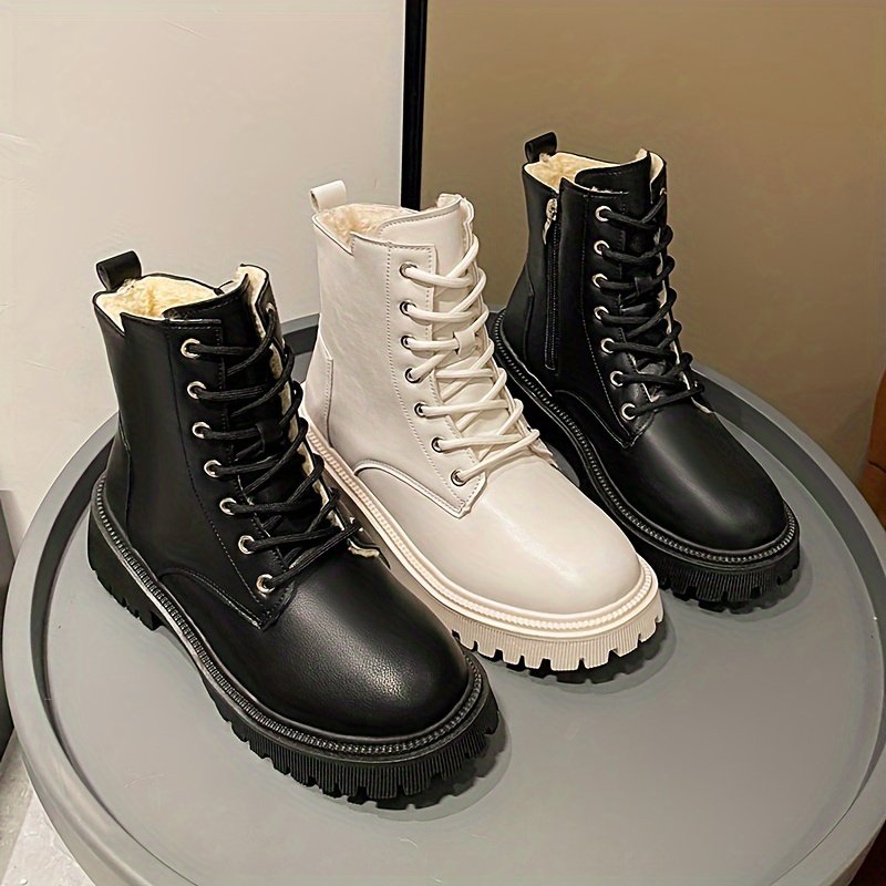 Women's Chic Fluffy Combat Martin Ankle Boots Round Toe Warm Lined, Mid Heel with Non-Slip Sole for Winter Snow boots