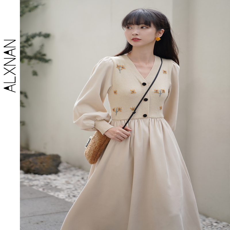 ALXNAN Vneck Almond Aline Dress for Women AutumnWinter French High Waist Long Sleeve Midi LXN2227 240824