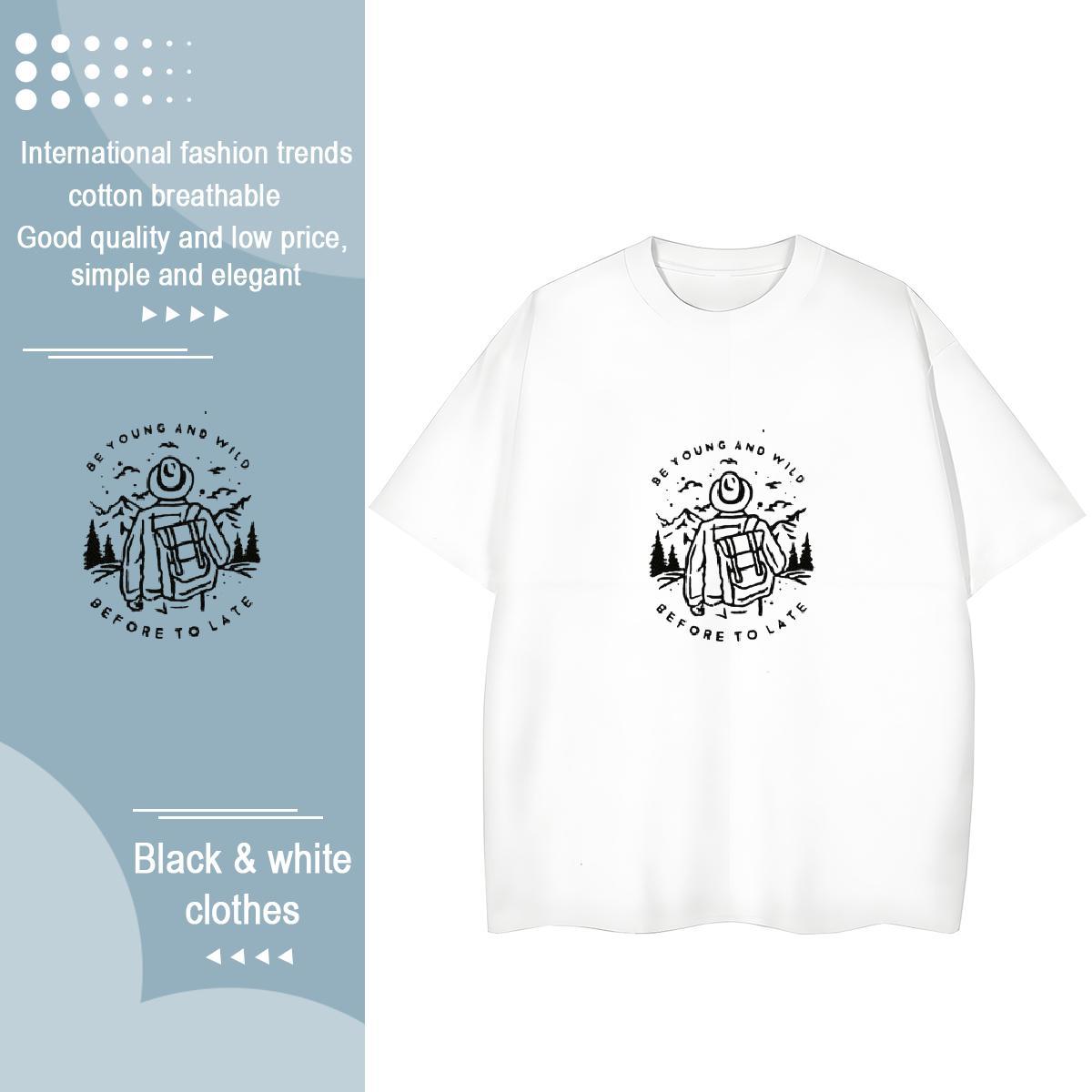 5A Lady T shirt 230g Cotton Lines Hip Hop Street T-Shirts for Women Round Neck Short Sleeve Black White Top Tees
