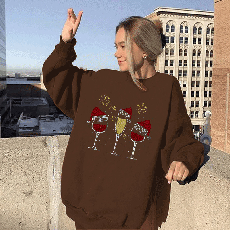 New women's with European size wine glass print round neck shoulder down sweatshirt dongdumaoyi
