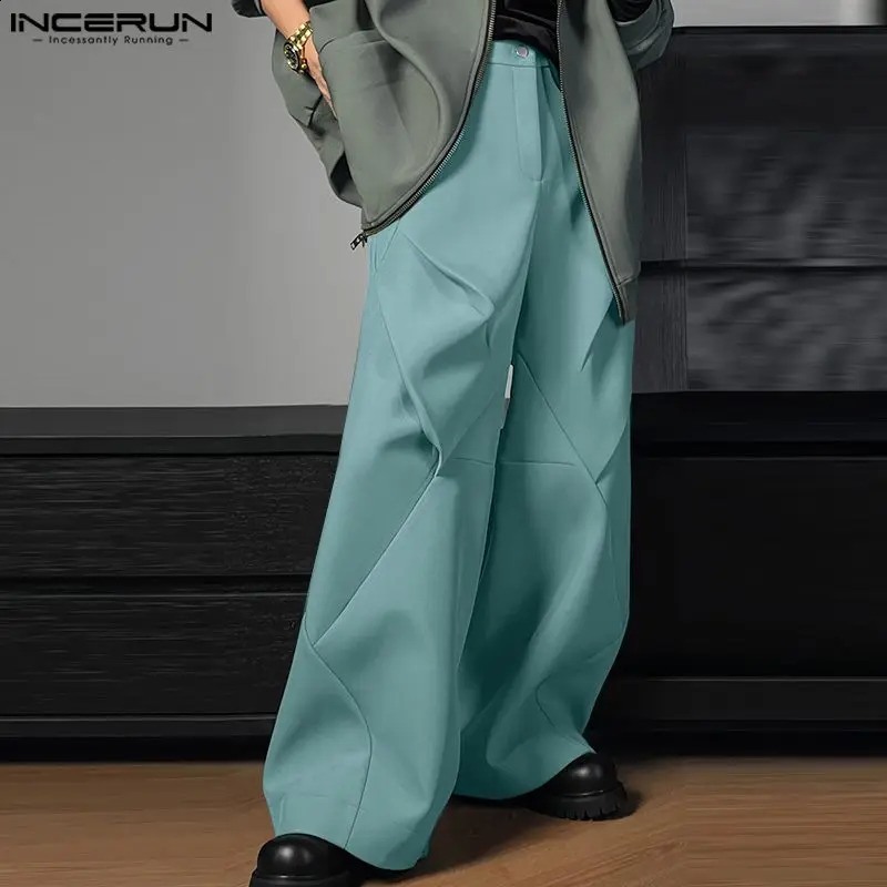 INCERUN 2024 Fashion Casual Mens Trousers Pleated Patchwork Diamond Solid Pants Male Straight Leg Wide Leg Pantalons S-5XL 240826