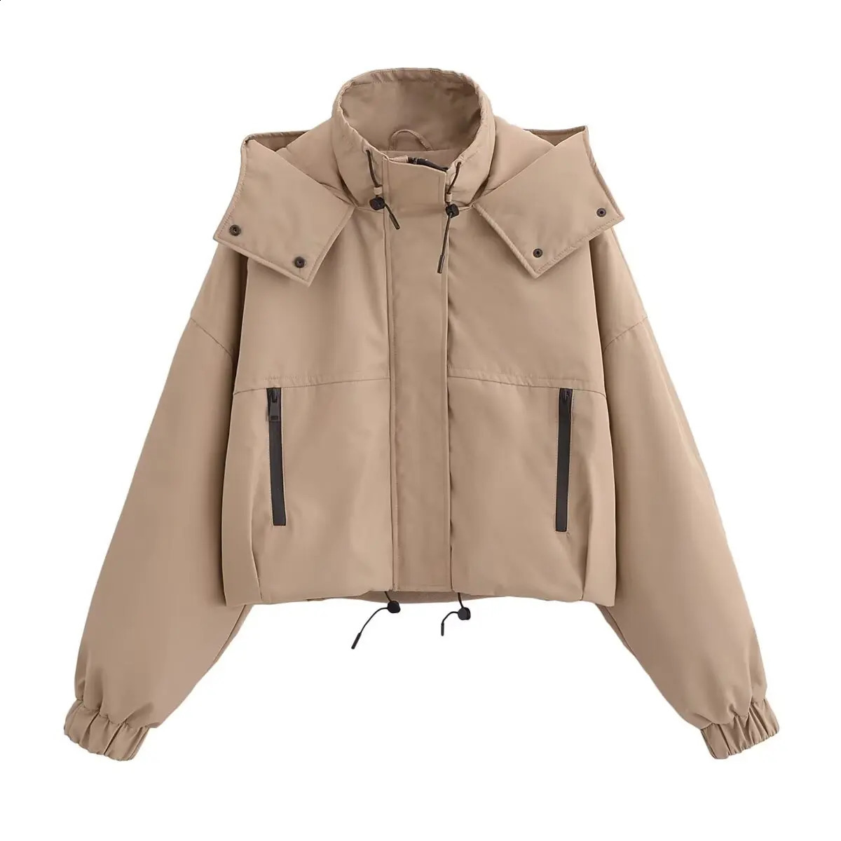 autumn womens clothing European and American style workwear hooded long sleeved zipper short sleeved cotton jacket 240826