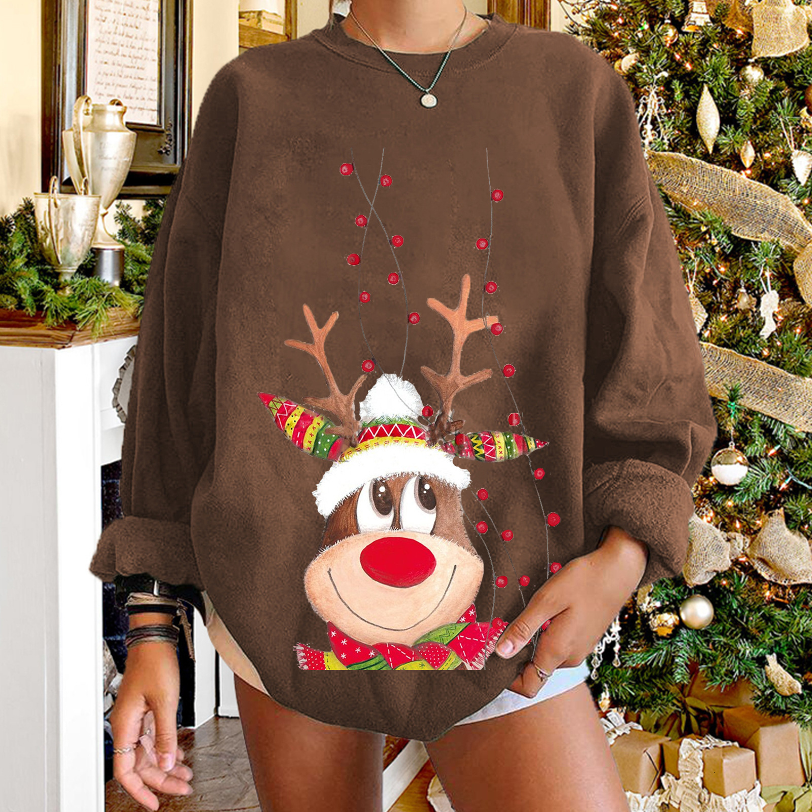 Ins style 2 cute reindeer hoodies with printed women's shoulder down, plus size round neck fleece hoodie for women dongdumaoyi