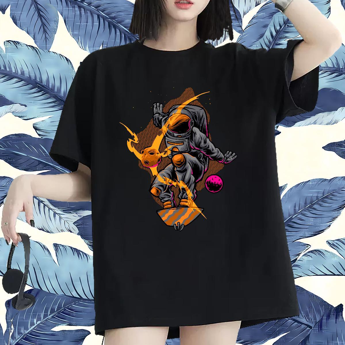 5A Couples T Shirts 100% Cotton 230g spaceman Casual Daily Wear T Shirts Women Breathable Short Sleeve Anime Print Tee Shirt