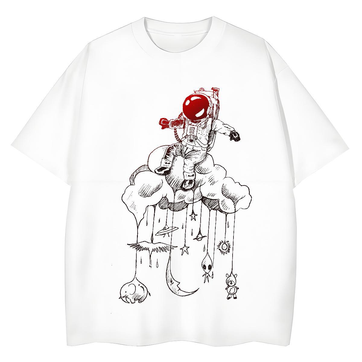 Loose fit Women Tshirts 230g Cotton cosmonaut High Street Hip Hop T-Shirts for Women Breathable Crew Neck Cartoon Printing L-4XL Clothings