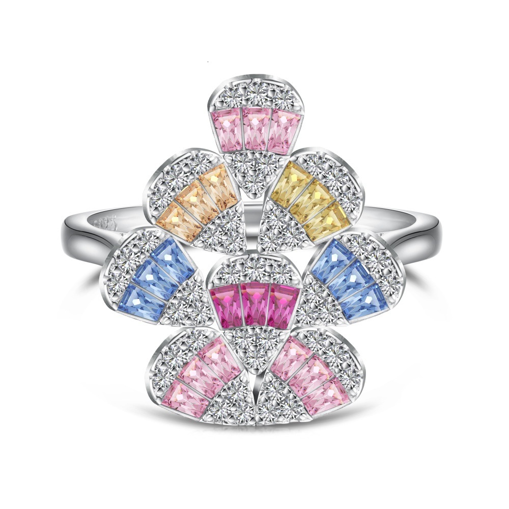 Japanese Korean Light New S Pure Sier Ring Colored Zirconia Inlaid Sweet and Beautiful Color Series Geometric Design Women's Handicraft