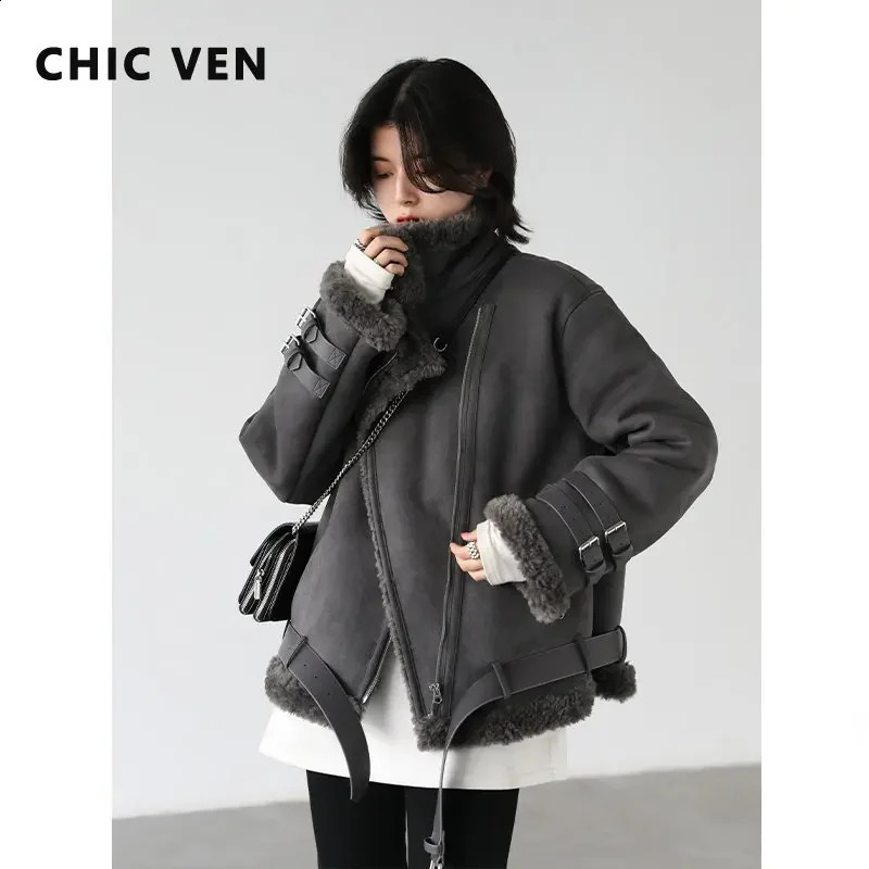 CHIC VEN Womens Jackets Thick Warm Streetwear Coats Retro Motorcycle Overcoat Plush Jacket Woman Windbreaker Autumn Winter 240824