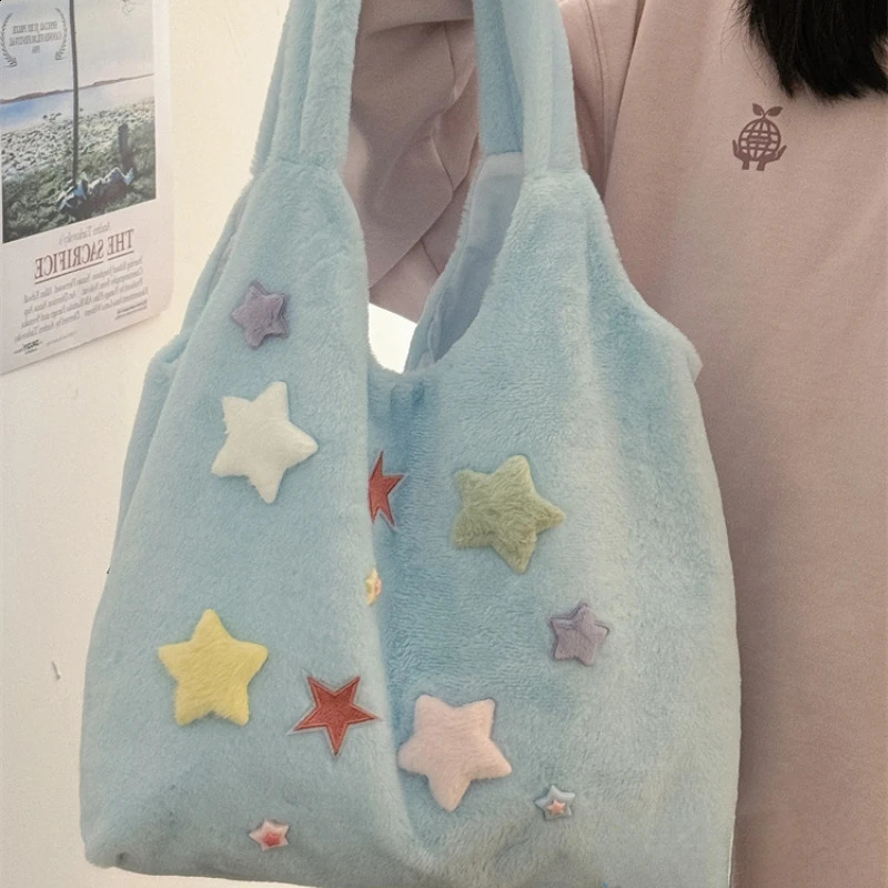 Furry Colored Star Women Kawaii Cute Shoulder Bags Korean Preppy Sweet Y2k Aesthetic Handbags Casual Fashion Chic Underarm Bag 240824