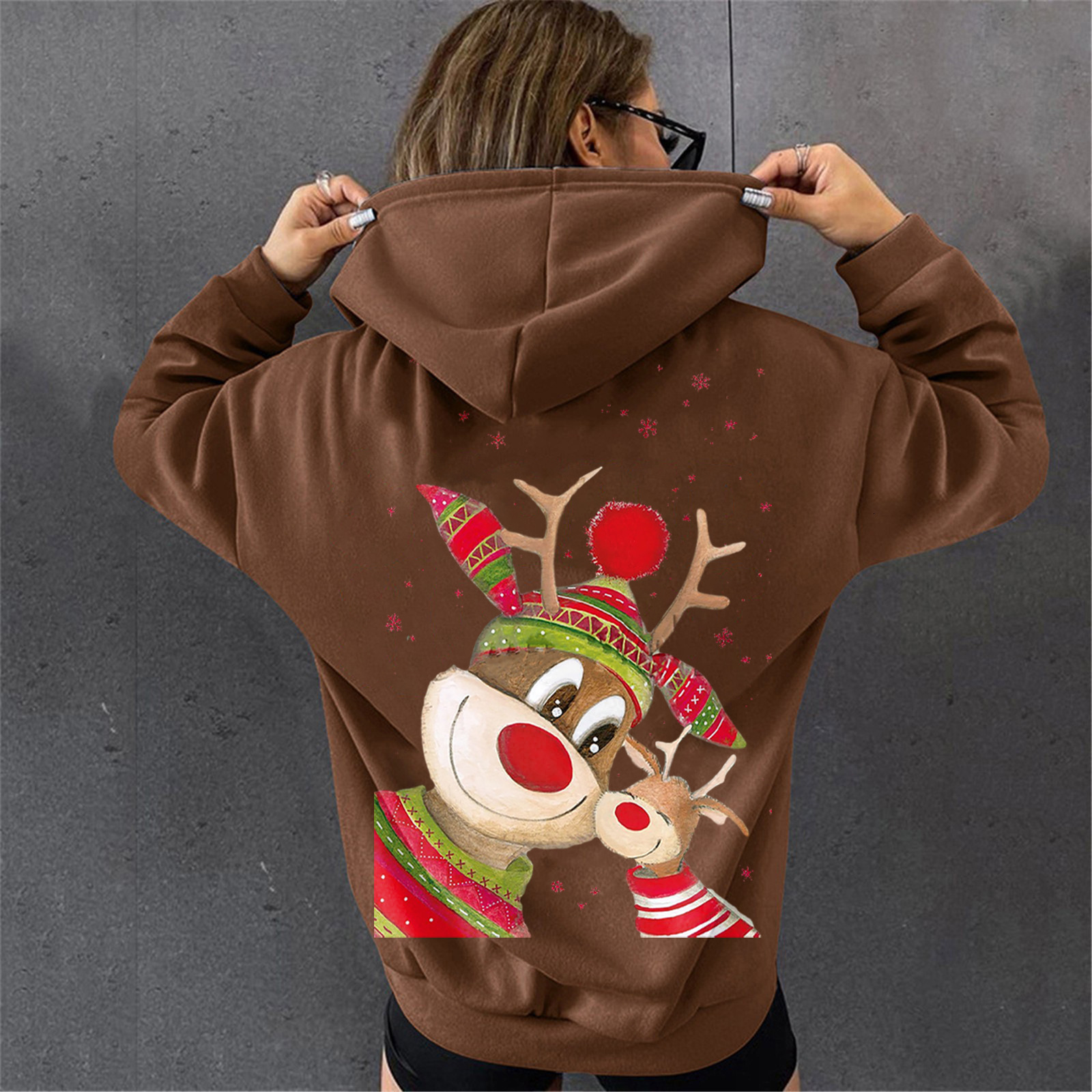 Women's hooded Christmas two deer print fleece sweatshirt, women's cotton jacket dongdumaoyi