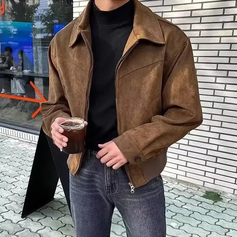 Maillard Vintage Mens Jacket American Style Brown Coffee Color Chamois Leather Velvet Cropped Aviation Jacket For Spring Autumn 240824