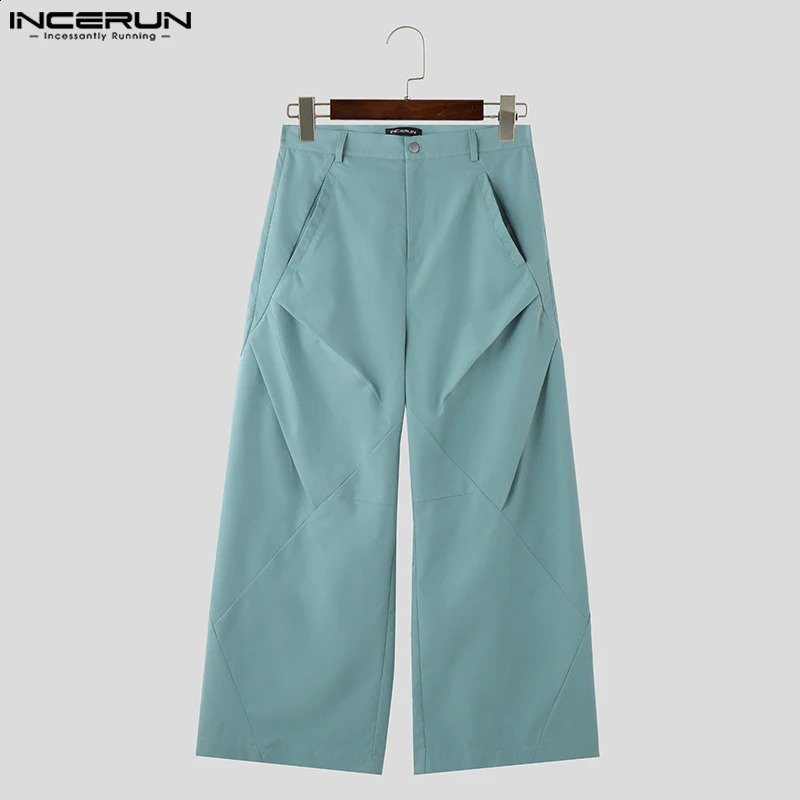 INCERUN 2024 Fashion Casual Mens Trousers Pleated Patchwork Diamond Solid Pants Male Straight Leg Wide Leg Pantalons S-5XL 240826