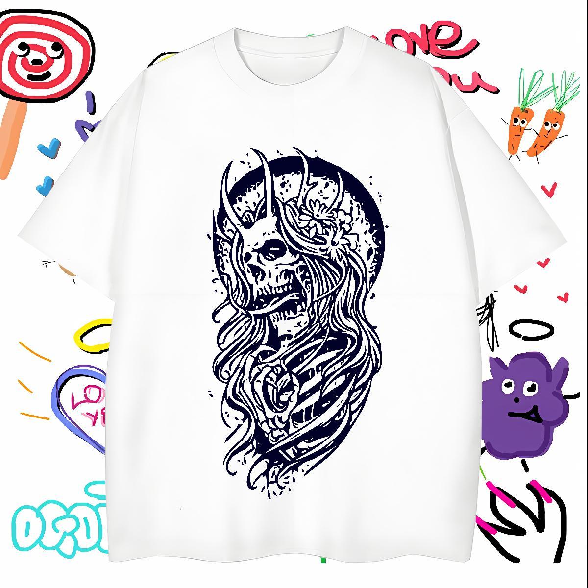 Loose Fit T-Shirts for Men 100% Cotton 230g skull Street Casual Cartoon Print Short Sleeve O-Neck Men Tops Tees Customized Polos
