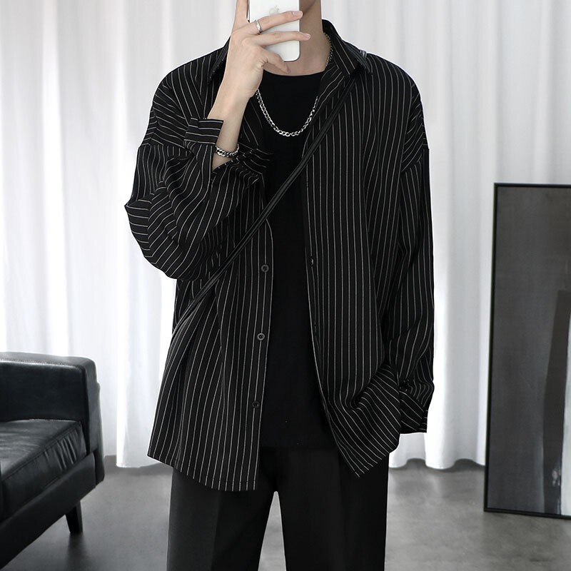 Striped Long Sleeved Shirt Jacket for Men in Spring and Autumn Trendy Styleins Casual Clothes Korean Version Trendy Mens Black Shirt