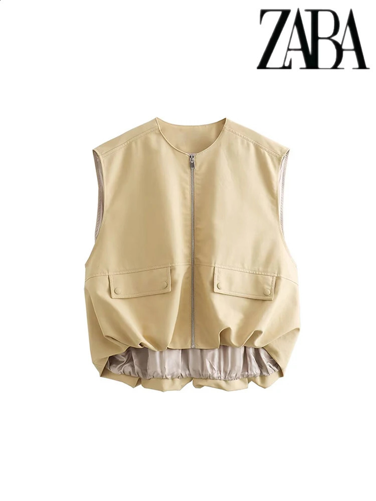 TRAF Womens Elegant sleeveless round neck zip waistcoat Pocket decorative loose khaki jacket Comfortable leisure womens vests 240826
