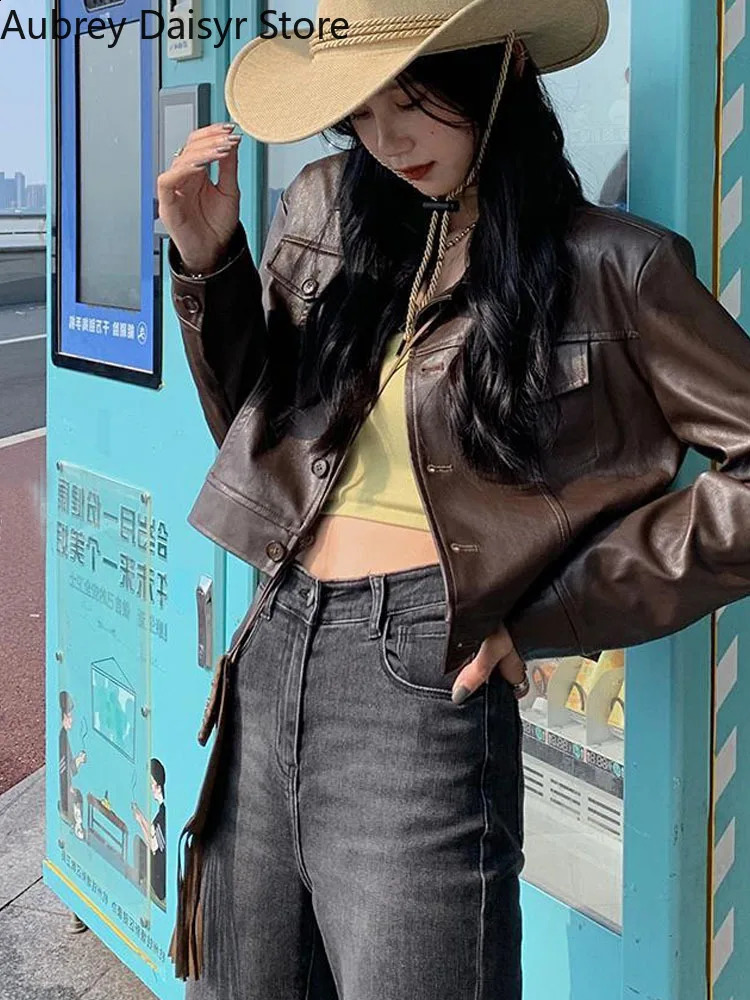 Cropped Leather Jacket Women Korean Y2K Streetwear Black Leather Moto Jacket Chic Thin Loose Casual Highstreet Short Coat 240824