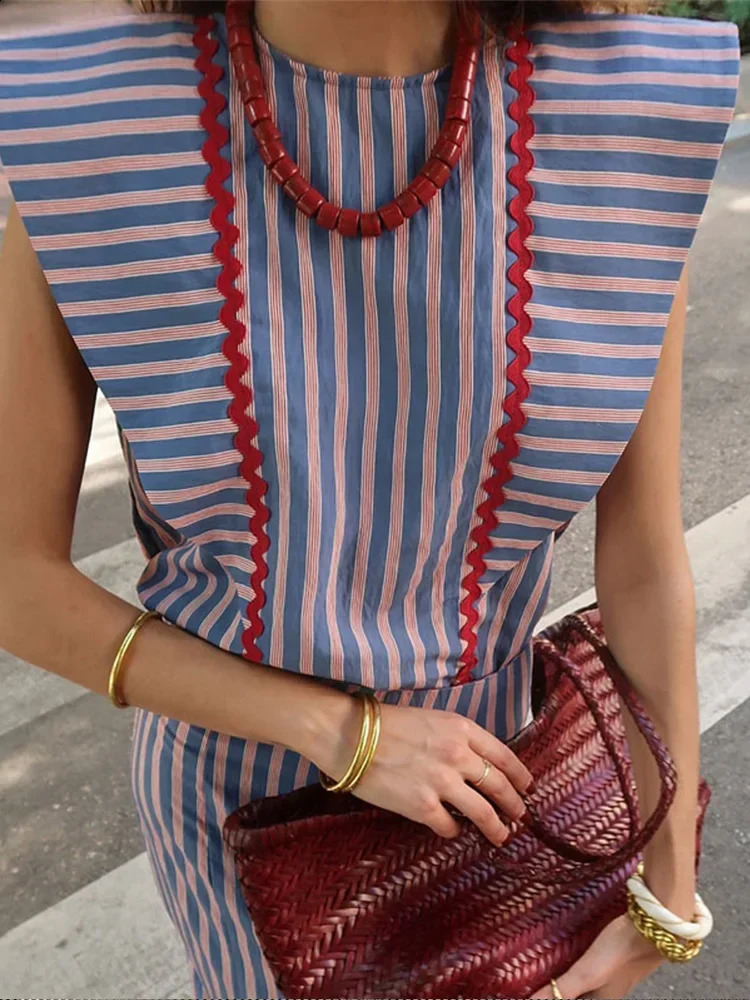 Fashion Color Contrast Striped O Neck Flying Sleeve Top Skirt Set Lady Elegant High-waist Skirts Suit Women Retro Street Outfits 240826