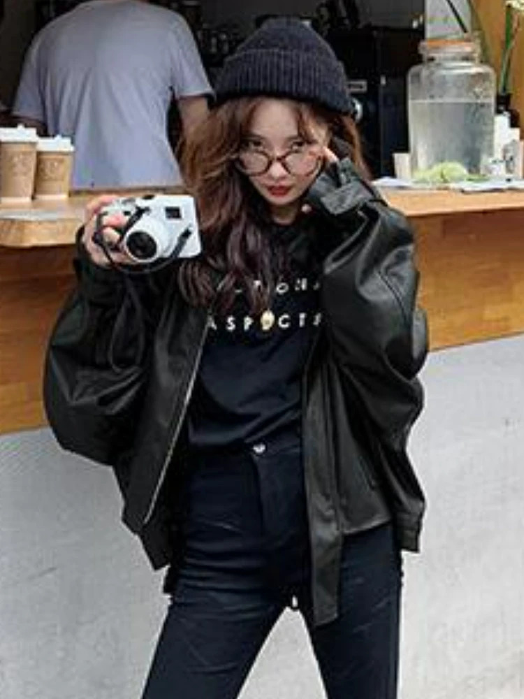 Korean Fashion Outerwear Leather Jacket Women Summer Short Moto Streetwear Faux Loose Coats Autumn Female Trend Chic Tops 240824