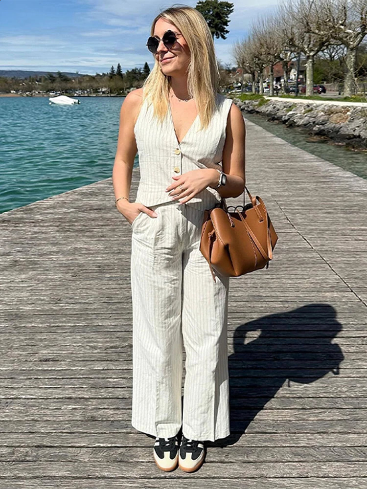 Fashion Stripe Vest Pants Sets For Women Slim V-neck Single Breasted Tank Top High Waist Trousers Summer Lady Office Outfit 240826