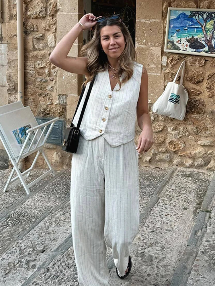 Fashion Stripe Vest Pants Sets For Women Slim V-neck Single Breasted Tank Top High Waist Trousers Summer Lady Office Outfit 240826