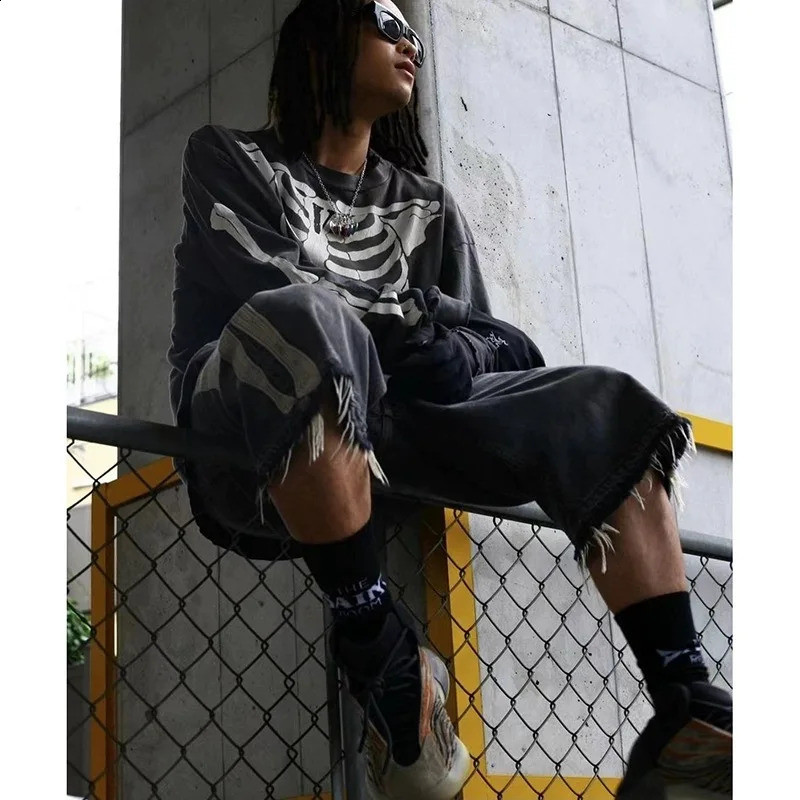 Retro summer skeleton round neck printed loose retro sweater wearing Pullover High Street long sleeved T-shirt 240826 - view 4