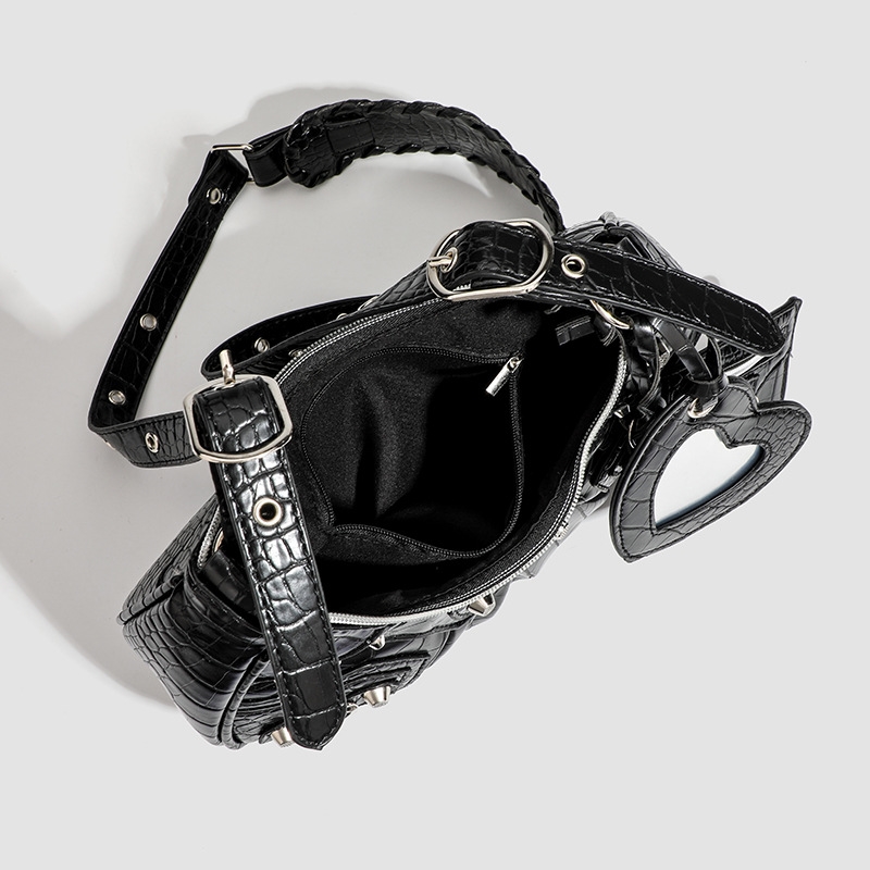 In The Summer Of 2024 New Drawstring Women's Bag Fashion Bucket Bag Rivet Motorcycle Bag Wide Strap Crossbody Bag Tready Crescent Moon Bag For Wo