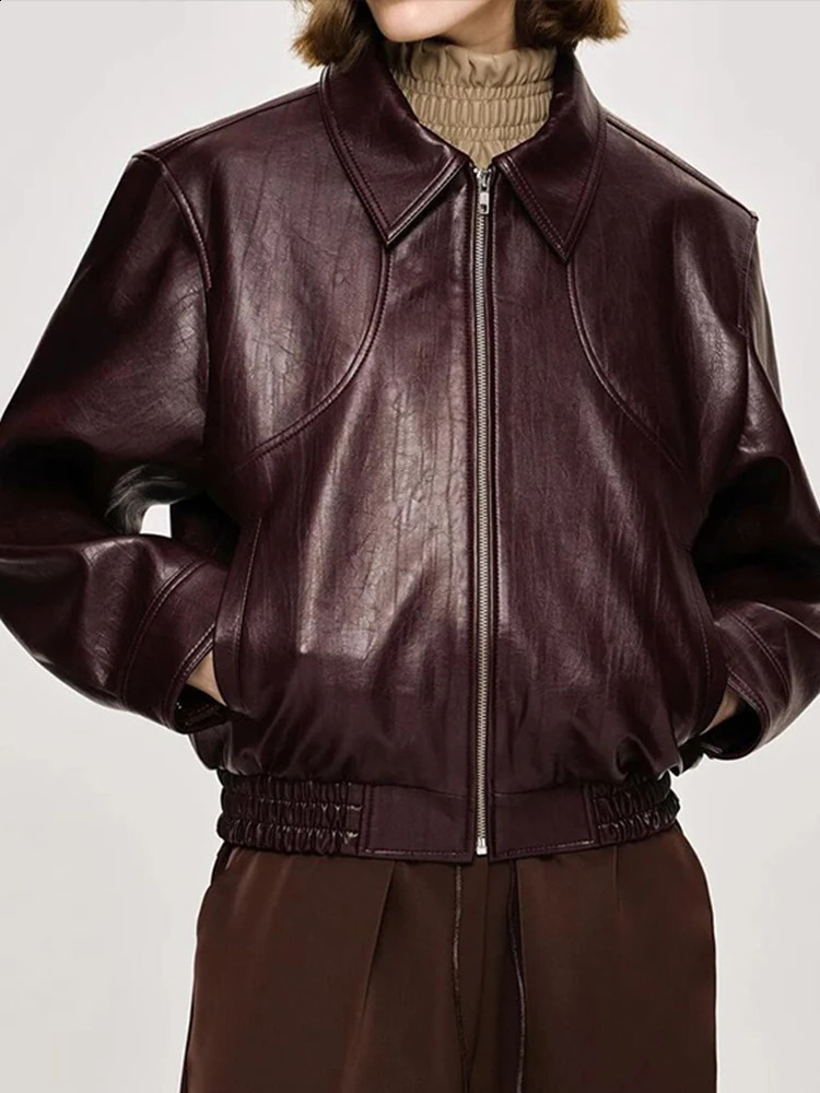 Casual Pu Leather Jacket Womens Loose Zipper Collar Long Sleeve Coats Womens Autumn/Winter Solid Cool Street Wear Women 240827