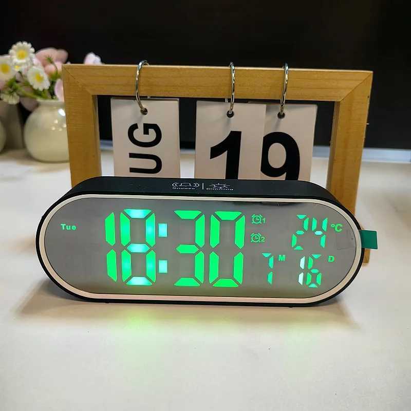 Rechargeable Digital Alarm Clock TEMP Date Week 2 Alarms Night Mode Snooze 12/24H Anti-disturb Voice Control LED Mirror ClockXJ240824